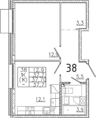 Планировка — Лисино, 1-комн., 38 м²