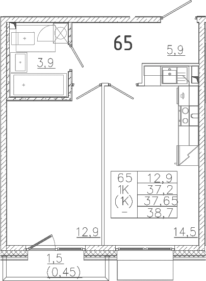 Планировка — Лисино, 1-комн., 37 м²