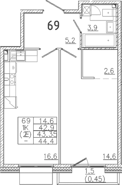 Планировка — Лисино, 2-комн., 43 м²
