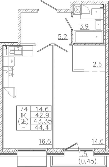 Планировка — Лисино, 2-комн., 43 м²
