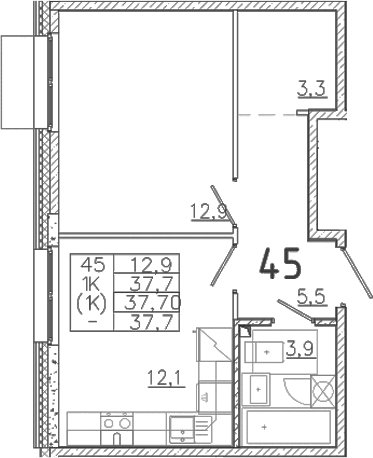 Планировка — Лисино, 1-комн., 38 м²