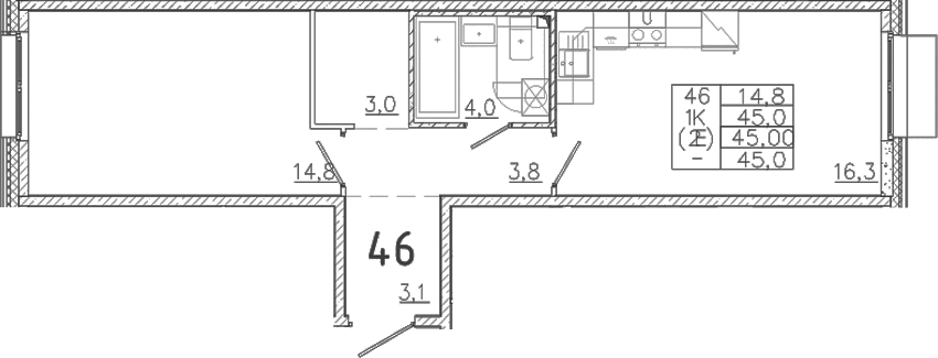 Планировка — Лисино, 2-комн., 45 м²