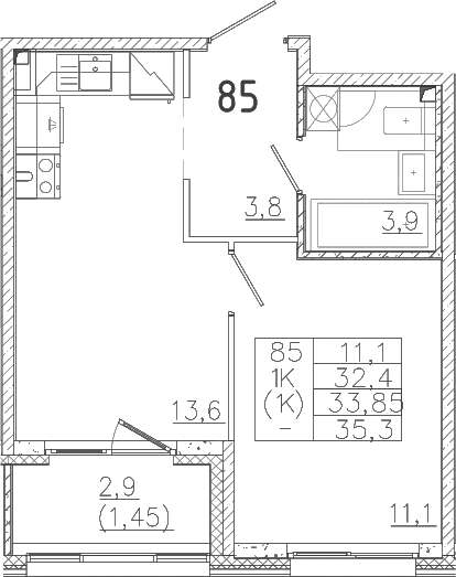 Планировка — Лисино, 1-комн., 32 м²