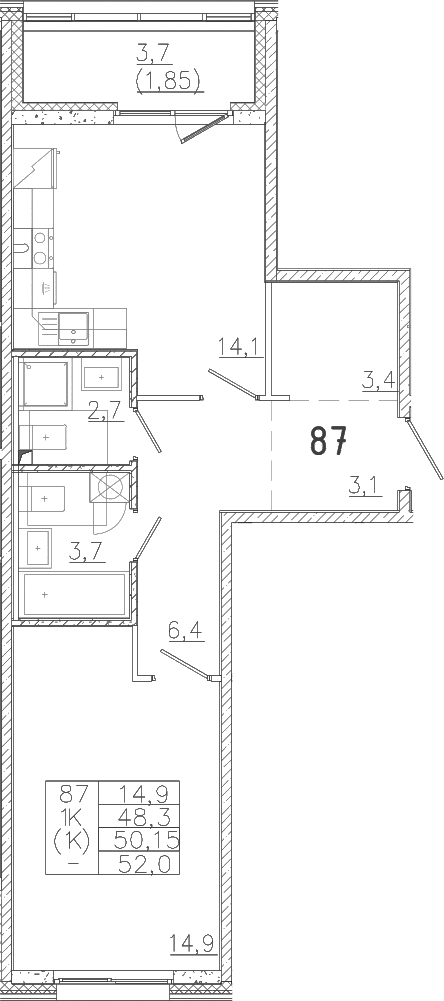 Планировка — Лисино, 1-комн., 48 м²