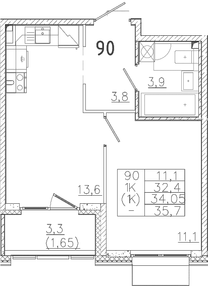 Планировка — Лисино, 1-комн., 32 м²
