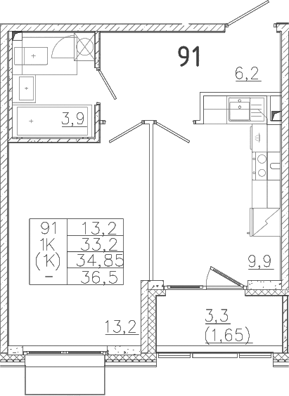Планировка — Лисино, 1-комн., 33 м²
