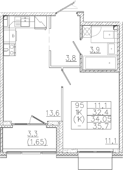 Планировка — Лисино, 1-комн., 32 м²