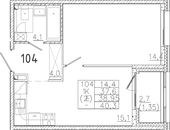 Планировка — Лисино, 2-комн., 38 м²