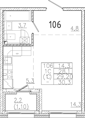 Планировка — Лисино, Студия, 28 м²