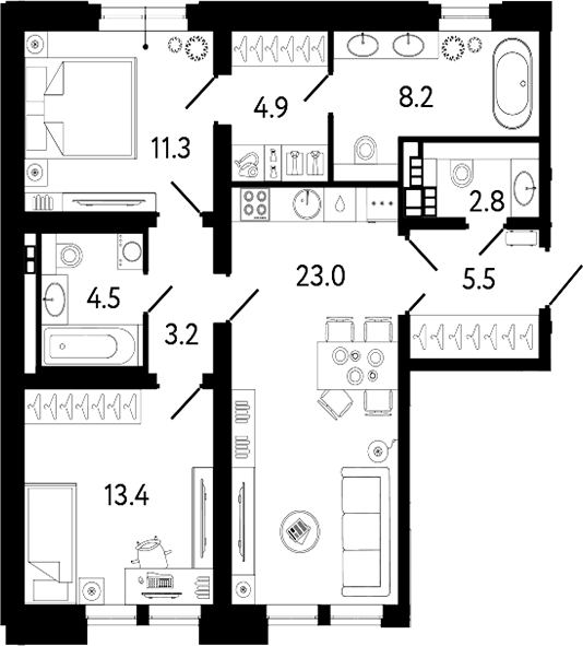 Планировка — Коллекционер, 3-комн., 77 м²