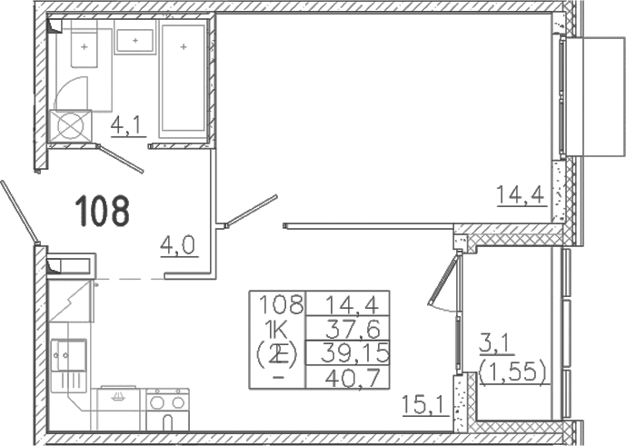 Планировка — Лисино, 2-комн., 38 м²