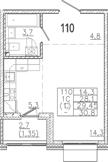 Планировка — Лисино, Студия, 28 м²