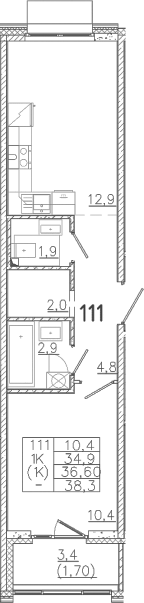 Планировка — Лисино, 1-комн., 35 м²