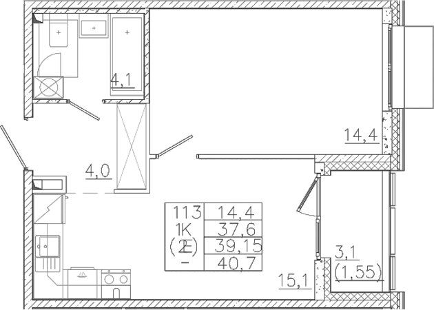 Планировка — Лисино, 2-комн., 38 м²
