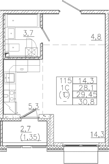 Планировка — Лисино, Студия, 28 м²