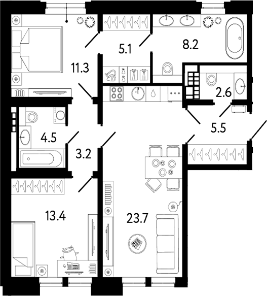 Планировка — Коллекционер, 3-комн., 78 м²