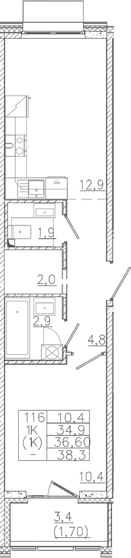 Планировка — Лисино, 1-комн., 35 м²