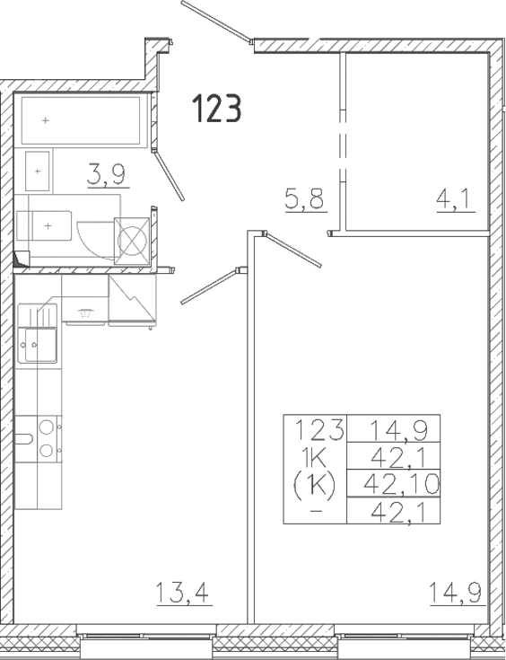 Планировка — Лисино, 1-комн., 42 м²