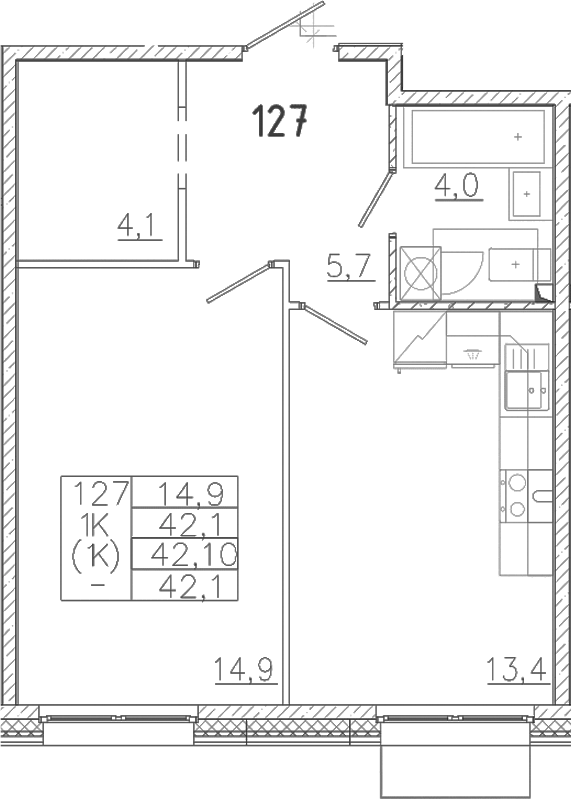 Планировка — Лисино, 1-комн., 42 м²