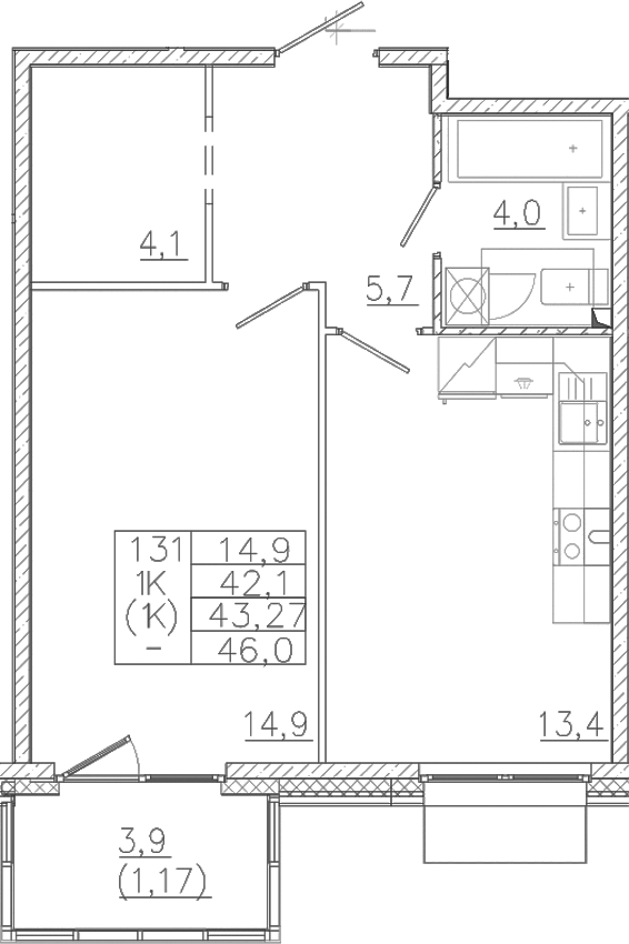 Планировка — Лисино, 1-комн., 42 м²