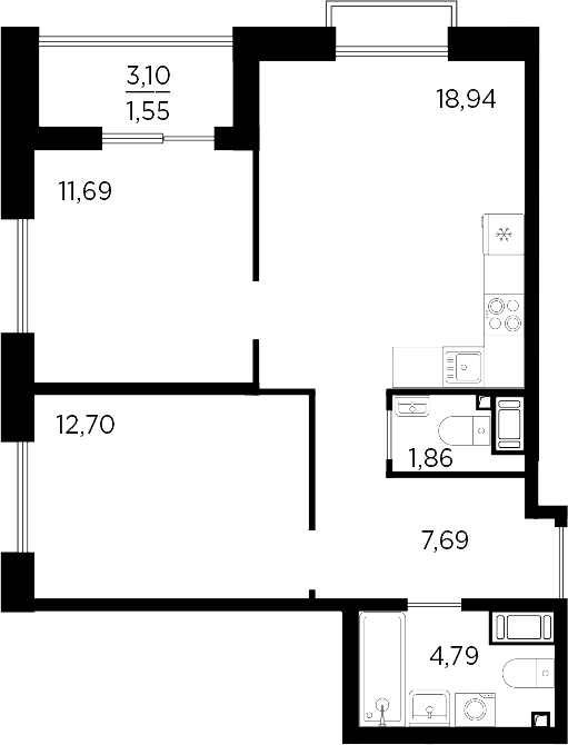 Планировка — RESPECT, 3-комн., 58 м²