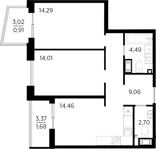 Планировка — RESPECT, 3-комн., 59 м²