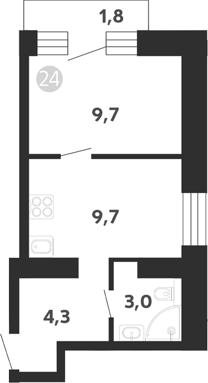 Планировка — Седова, 99, 1-комн., 27 м²