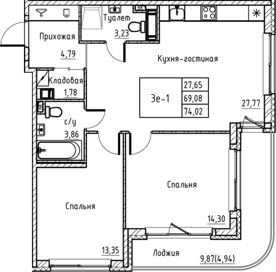 Планировка — Энфилд, 3-комн., 69 м²
