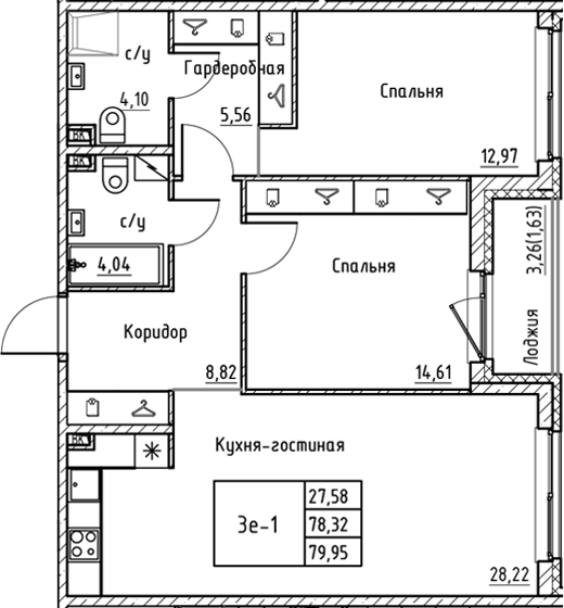 Планировка — Энфилд, 3-комн., 78 м²