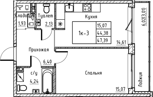 Планировка — Энфилд, 1-комн., 44 м²