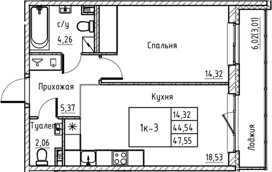 Планировка — Энфилд, 2-комн., 45 м²