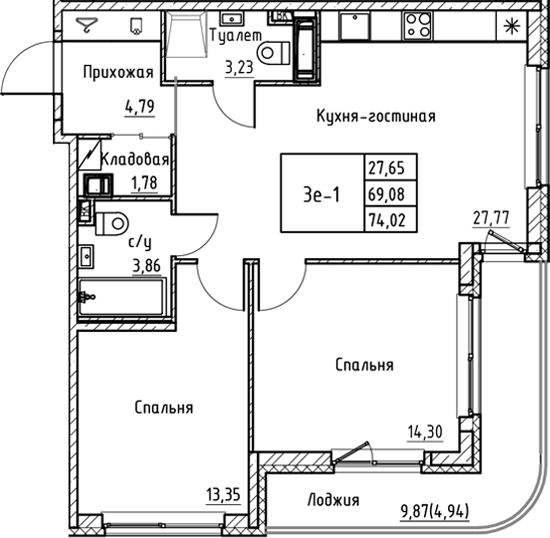 Планировка — Энфилд, 3-комн., 69 м²