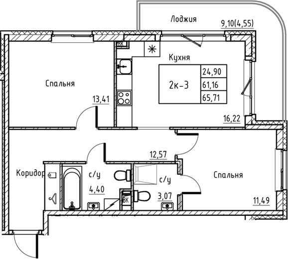 Планировка — Энфилд, 3-комн., 61 м²