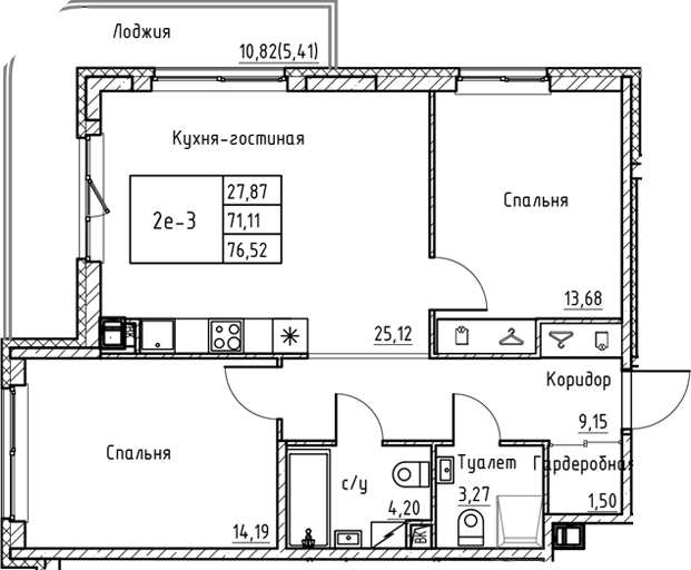 Планировка — Энфилд, 3-комн., 71 м²