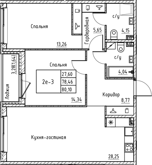 Планировка — Энфилд, 3-комн., 78 м²