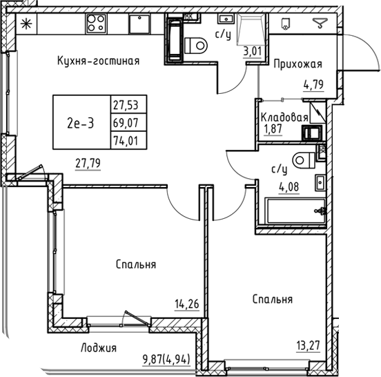 Планировка — Энфилд, 3-комн., 69 м²