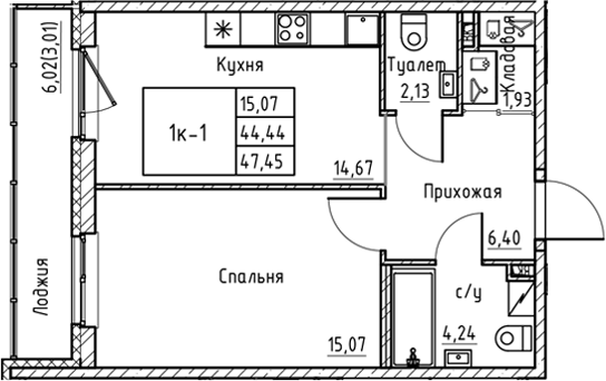 Планировка — Энфилд, 1-комн., 44 м²