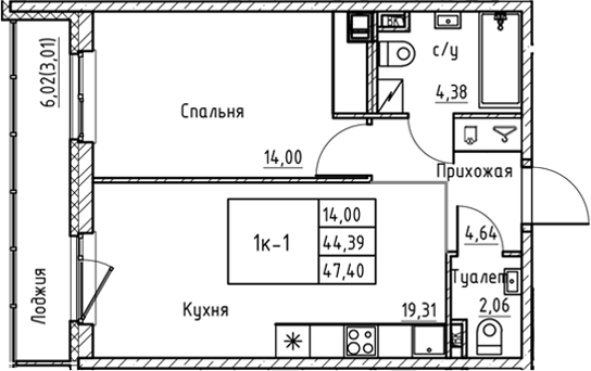 Планировка — Энфилд, 2-комн., 44 м²