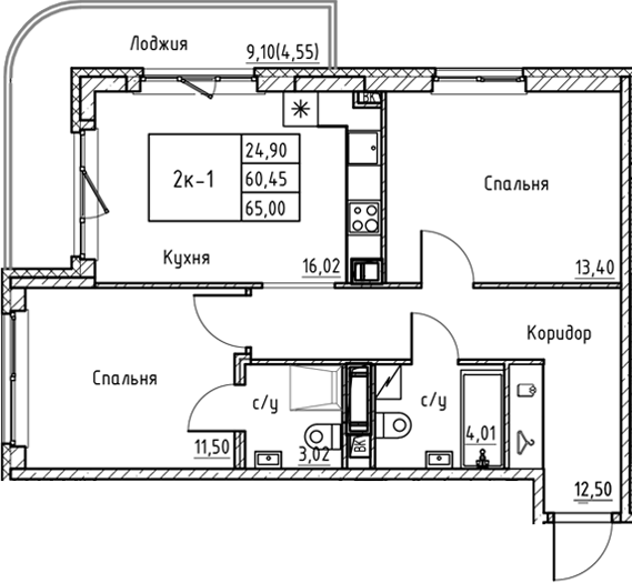 Планировка — Энфилд, 3-комн., 60 м²