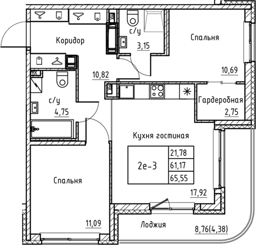 Планировка — Энфилд, 3-комн., 61 м²