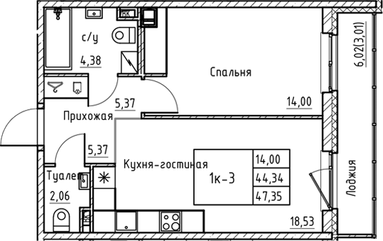 Планировка — Энфилд, 2-комн., 44 м²