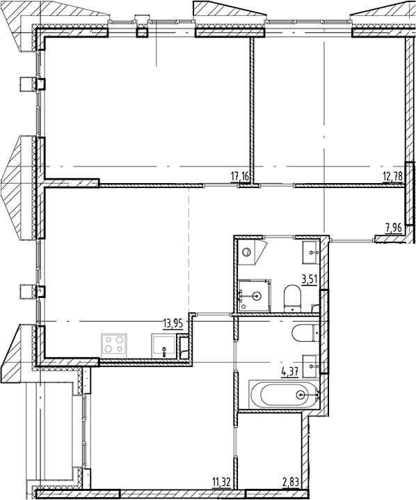 Планировка — Галерная Гавань, 3-комн., 74 м²