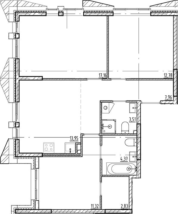 Планировка — Галерная Гавань, 3-комн., 74 м²