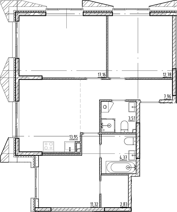 Планировка — Галерная Гавань, 3-комн., 74 м²