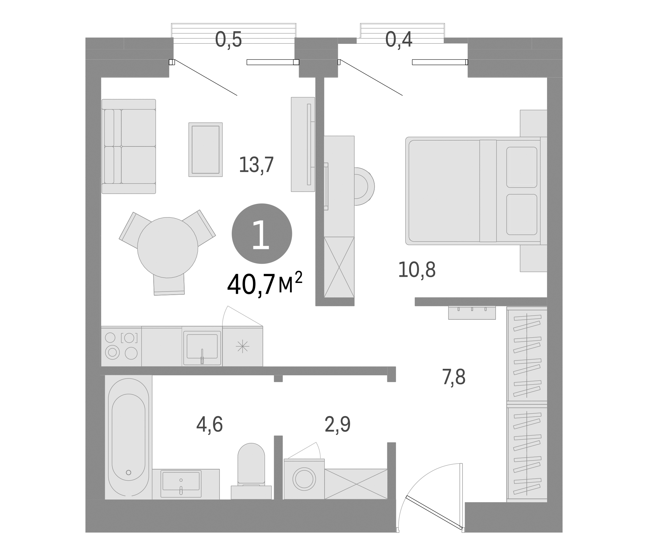 Планировка — Северный ветер, 1-комн., 40 м²