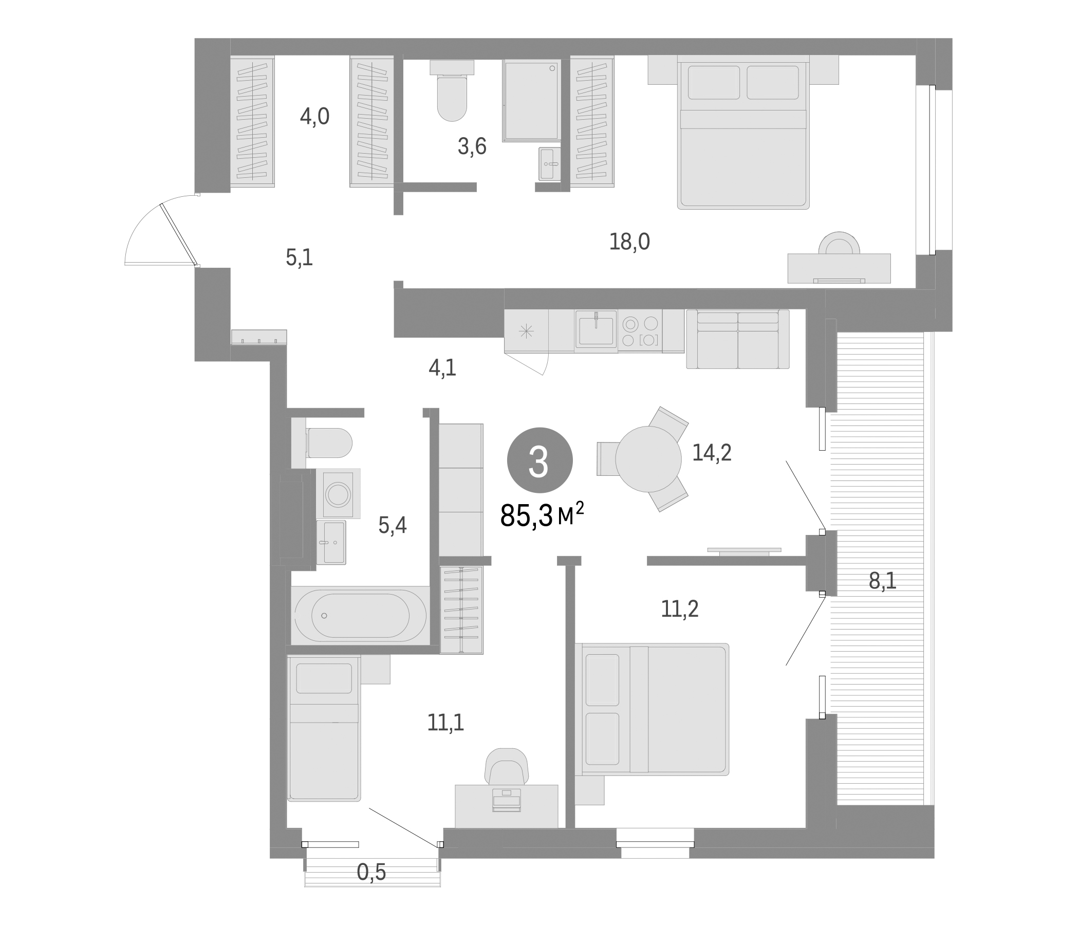 Планировка — Северный ветер, 3-комн., 77 м²