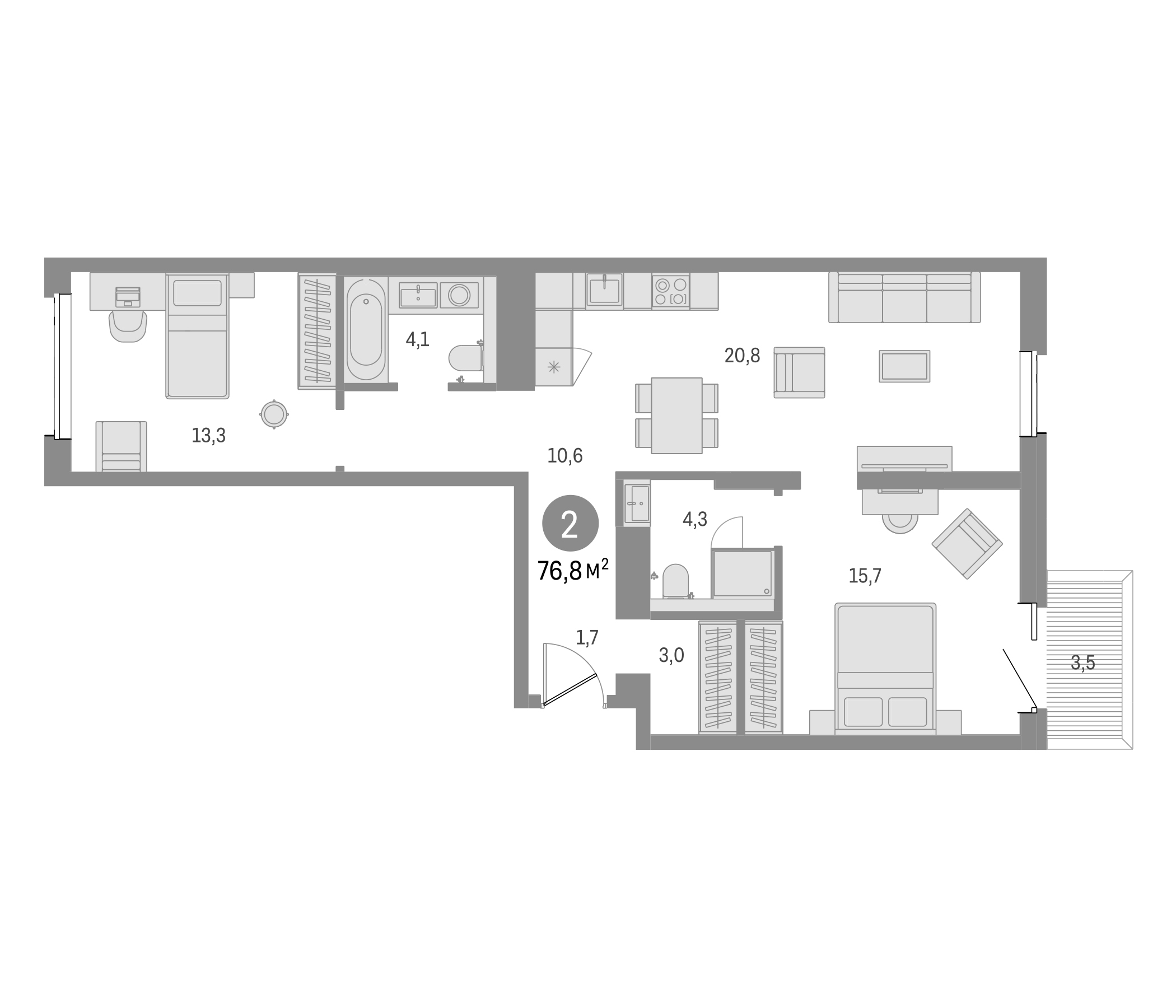 Планировка — Северный ветер, 2-комн., 73 м²