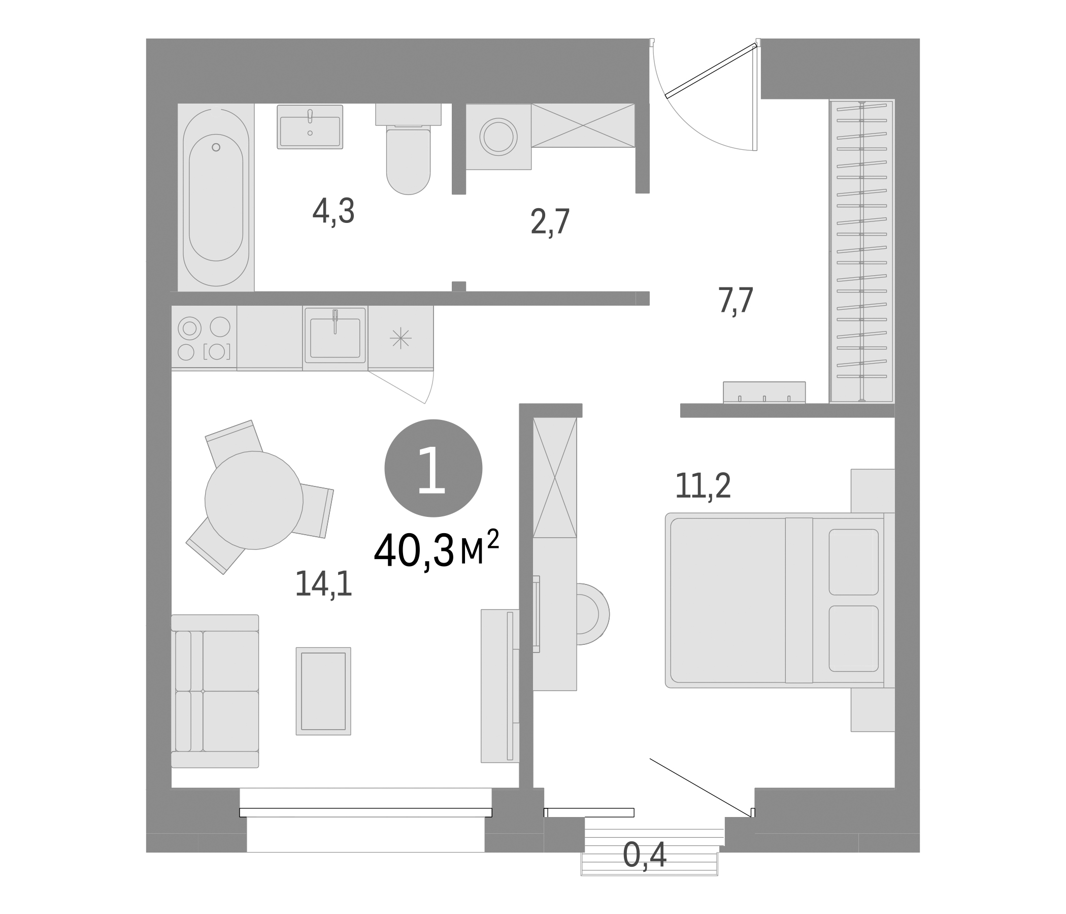 Планировка — Северный ветер, 1-комн., 40 м²