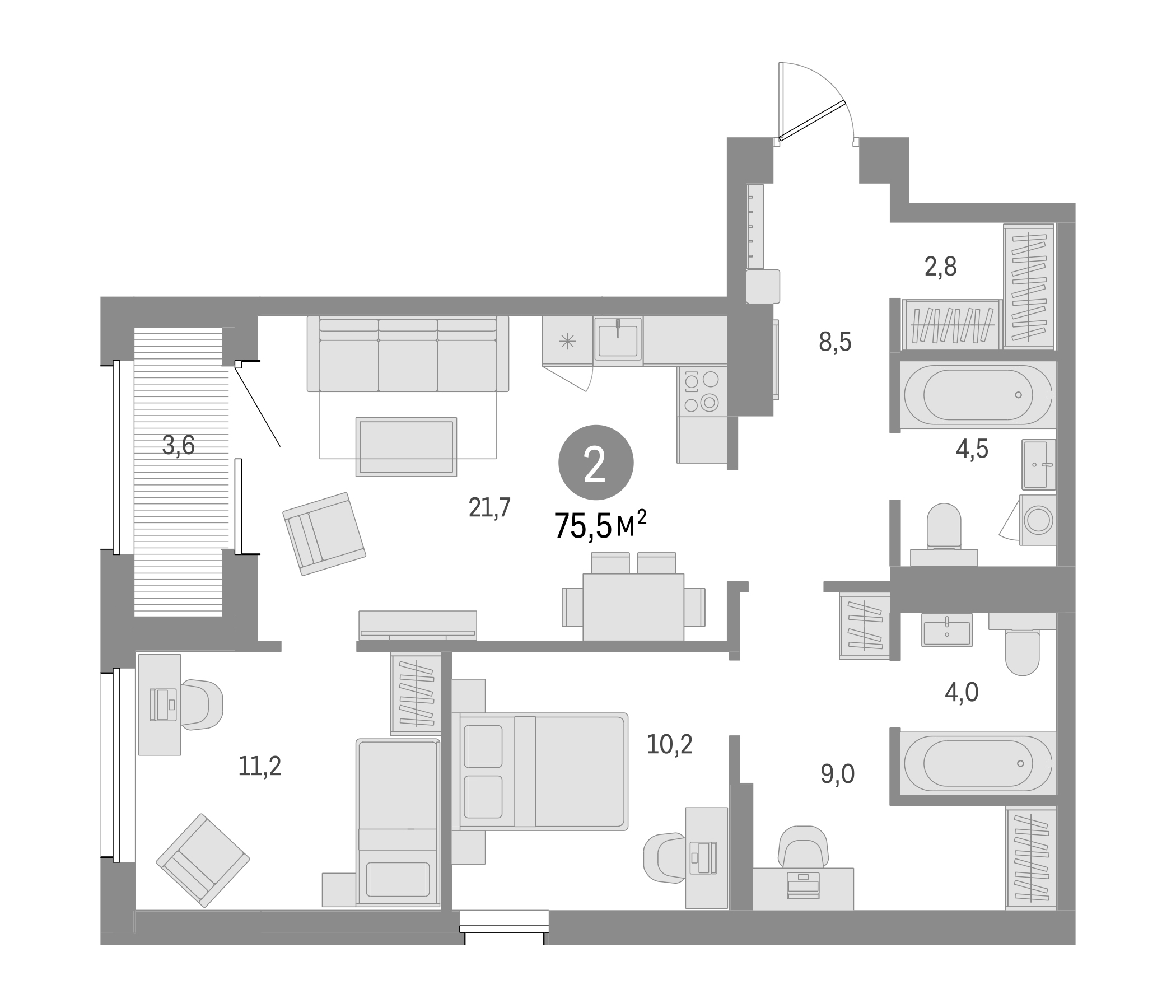 Планировка — Северный ветер, 3-комн., 72 м²