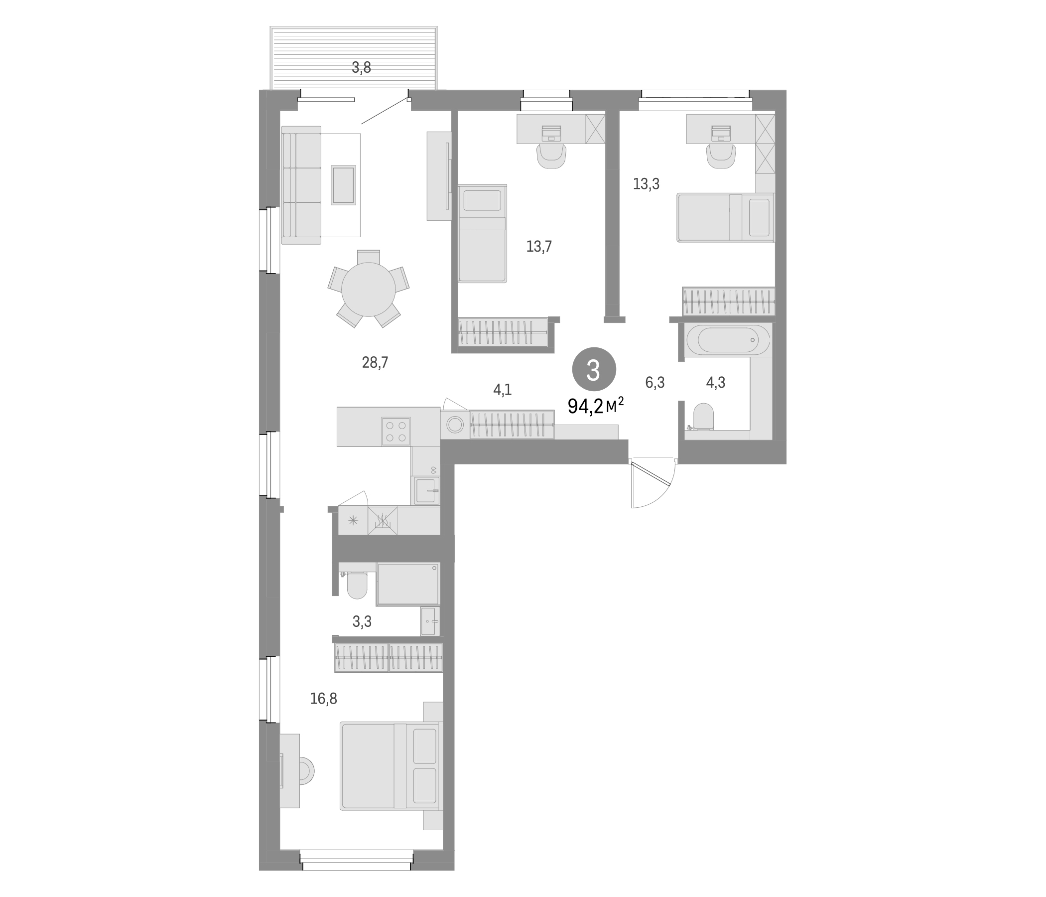 Планировка — Северный ветер, 3-комн., 90 м²